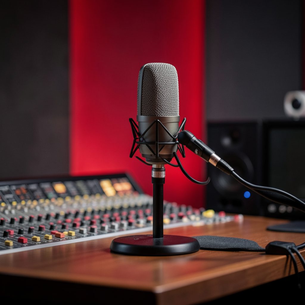 A studio microphone on a stand in front of an audio mixing board, lit with deep red tones against a dark background, conveying a broadcast studio mood