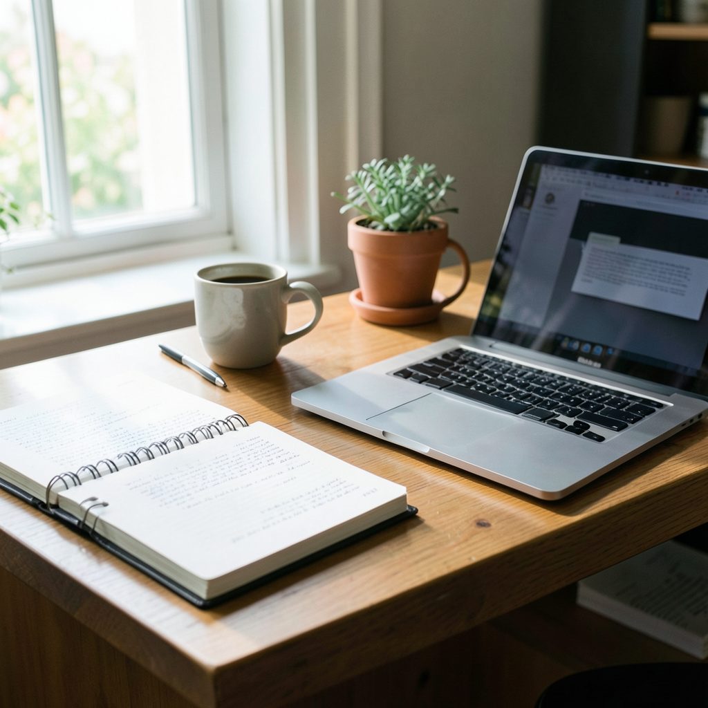 A sunlit wooden desk with a laptop, notebook, coffee mug and small potted plant, calm working atmosphere